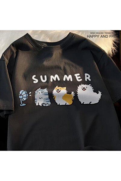 Tarzsokak Tricou negru, distractiv și drăguț, cu model de pisică și câine, tr...