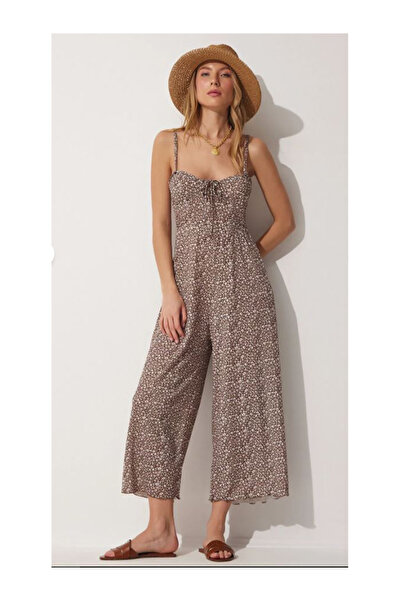 Namaste Vintage Soil Color Floral Print Suspender, Drawstring Elastic Overalls