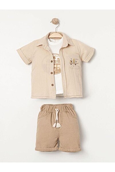 Zekids Baby Boy Animals Patterned Jacket Tshirt Shorts Set