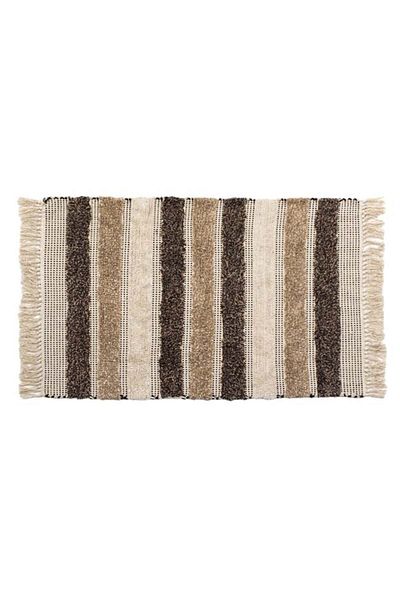 TOPI TOY Decorative winter rug, beige-brown cotton with stripes and fringes, 100 x 70 cm