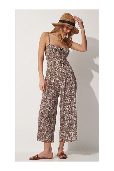 Namaste Vintage Soil Color Floral Print Suspender, Drawstring Elastic Overalls