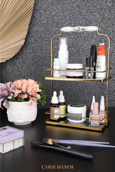 ÇARŞI HANEM Two-Tier Gold Presentation Tray Square Cosmetic Organizer Bathroom Serving Presentation Engagement Tray Multi-Purpose