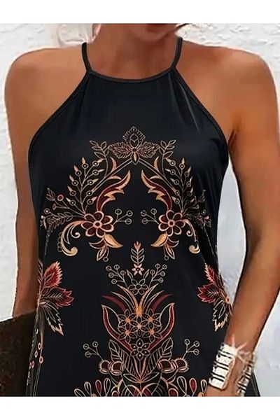 nedo7 Women's Zero Sleeve Halter Neck Patterned Single Jersey Dress