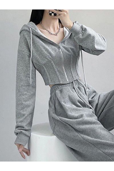 EDVESS Hooded Corset Cutout Zipper Crop Cardigan