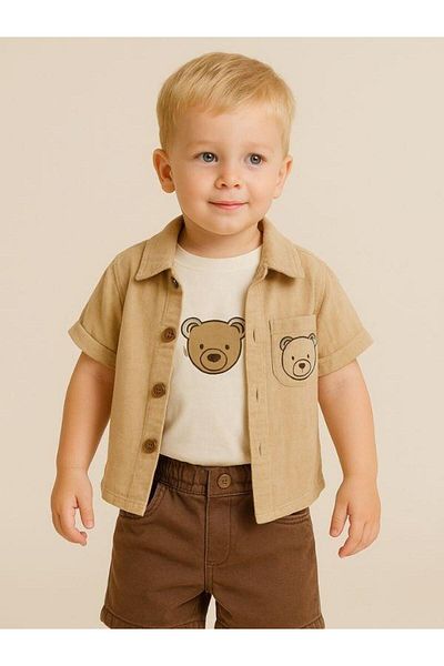 Zekids Baby Boy Teddy Bear Patterned Jacket T-Shirt Shorts 3-Piece Set