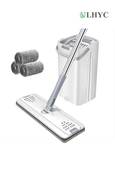 Generic ULHYC Hands-Free Flat Floor Mop And Bucket Set For Home Floor Cleaning With Washable Microfiber Pad