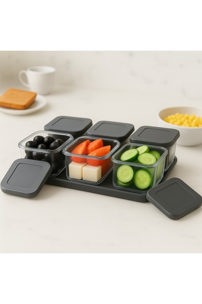 Zengin Çarşım 13 Piece Breakfast Storage Container Set with Lids – 6 Containers + Tray (Gray)
