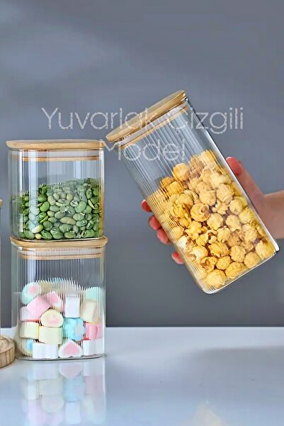 Tilbe Home 3lü Bambu Kapaklı Büyük Boy Cam Kavanoz Çizgili Yuvarlak Şeker Bakliyat Baharat Mutfak Saklama Kabı