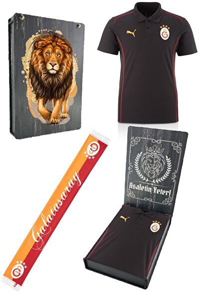 Galatasaray Γνήσιο μπλουζάκι προπόνησης με λαιμόκοψη Polo με άδεια χρήσης + Σετ κασκόλ με σάλι + Ξύλινο κουτί δώρου
