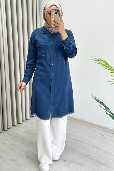 T Moda Store Premium Fabric Tassel and Snap Button Detailed Hijab Women's Shirt