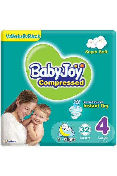 BabyJoy Compressed Diamond Pad Diaper, Size 4, Large, 10-18 Kg, Value Pack, 32 Diapers