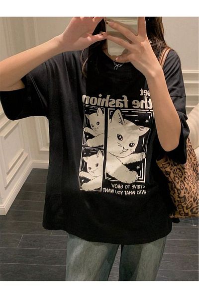 aynewmoda Women's Short Sleeve Round Neck Cat Printed T-Shirt
