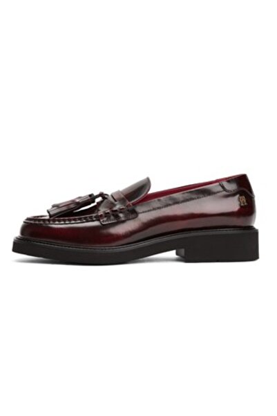 Tommy Hilfiger Kadın Püsküllü Köşeli Burun Deri Bordo Loafer FW0FW08749XJS