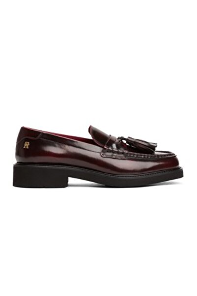 Tommy Hilfiger Kadın Püsküllü Köşeli Burun Deri Bordo Loafer FW0FW08749XJS