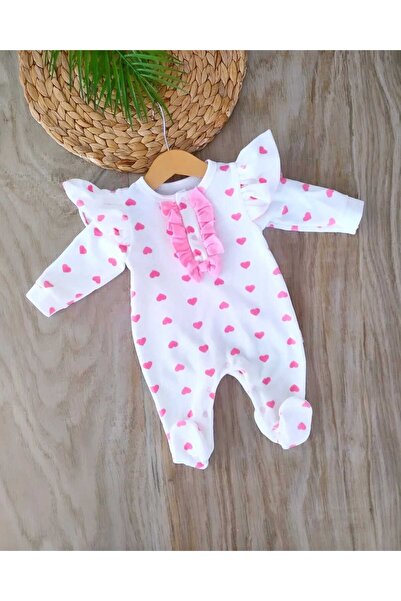 bebe kervanı Kalp Detaylı Pembe % 100 Pamuklu Kışlık Kadife Tulum BBK1437