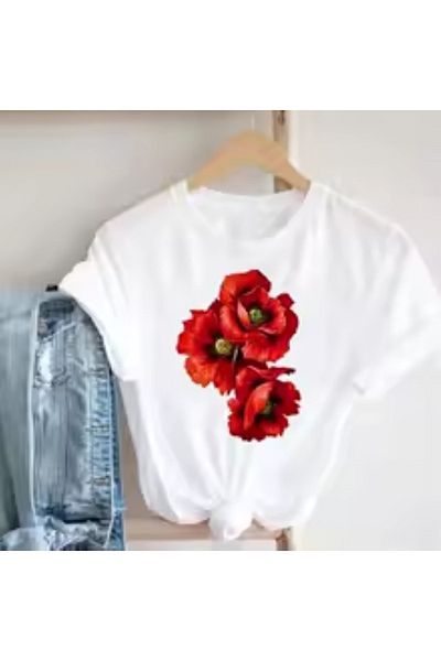 aynewmoda Women's short sleeve round neck flower Printed t-shirt