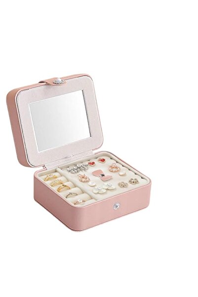 Generic صندوق مجوهرات للسفر، منظم مجوهرات صغير من الجلد الصناعي مع مرآة للنسا...