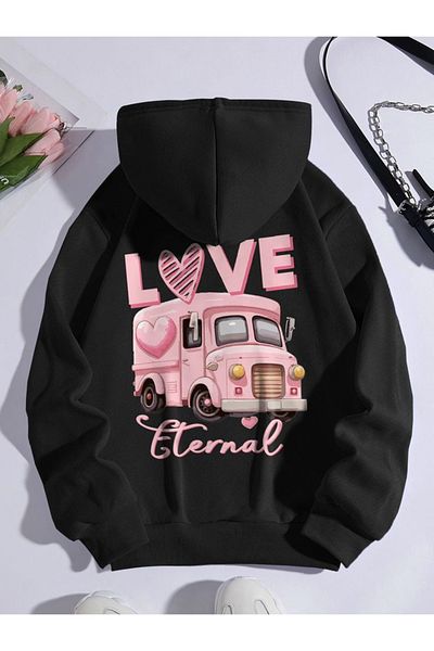 aynewmoda Kangaroo pocket women's fashion car Printed Hooded sweatshirt