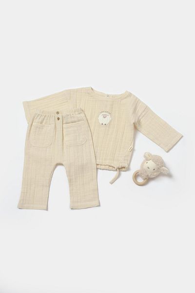 Magu Unisex Baby Cotton Cream Muslin Two Piece Set - Lamb Embroidered Top and Pants with Pockets