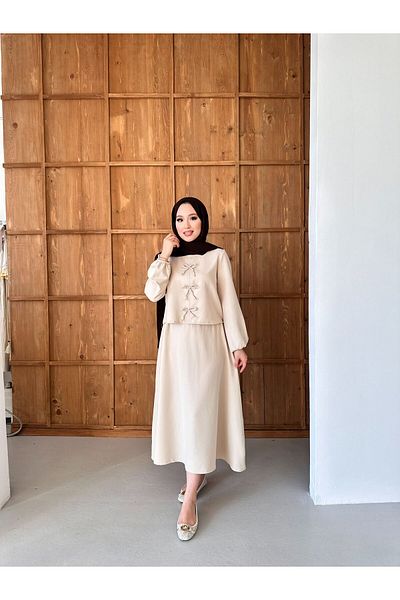 onlymoon tekstil Women's Clothing Scuba Fabric Double Suit Suitable for Hijab with Bow Detail on the Front, Bottom Top