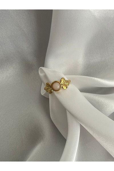 stainles steel Gold Adjustable Pink Quartz Stone Ring