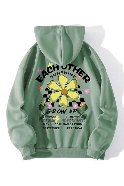 aynewmoda Women's Floral and Logo Printed Thermal Hoodie with Lace-Up and Kangaroo Pocket
