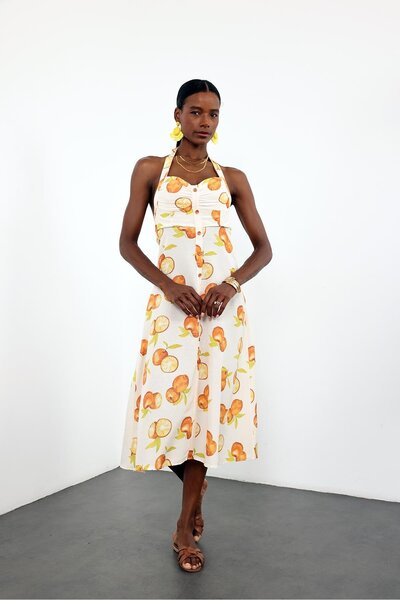 5in1Canpolat Bone Front Buttoned Orange Patterned Dress 0515