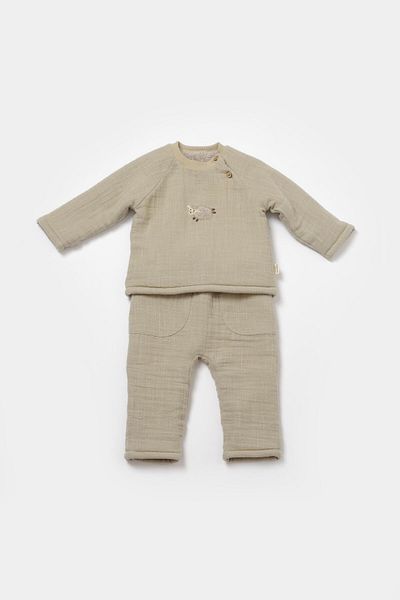 Magu Unisex Baby Cotton Green Lined Muslin Set - Lamb Embroidered Inner Furry Top and Pants with Pockets