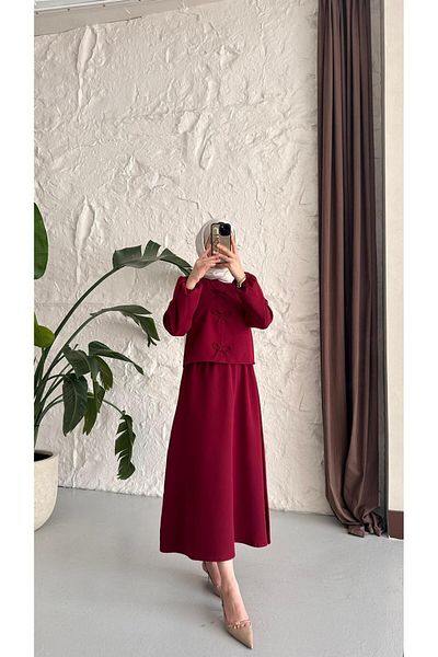 onlymoon tekstil Women's Clothing Scuba Fabric Double Suit Suitable for Hijab with Bow Detail on the Front, Bottom Top