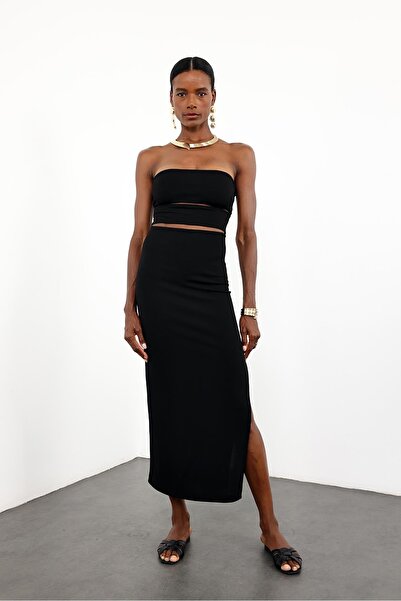 5in1Canpolat Black Strapless Window Detail Dress 12354