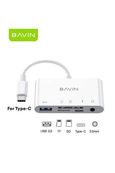 Bavin قارئ بطاقات 5 في 1 من النوع C متعدد الوظائف عالي السرعة 3.0 متوافق مع USB والصوت وبطاقة SD وTF أبيض