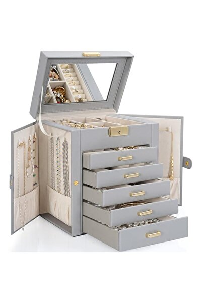 Generic صندوق مجوهرات كبير للنساء من توريبيو، منظم مجوهرات من الجلد مزود بمرآ...