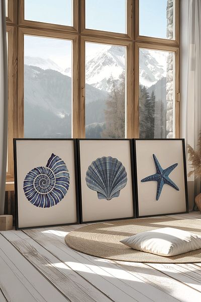 Postifull Black Painting Set, 3 Pieces Black Framed Poster Seashells Model No:300890, Blue Wall Decor