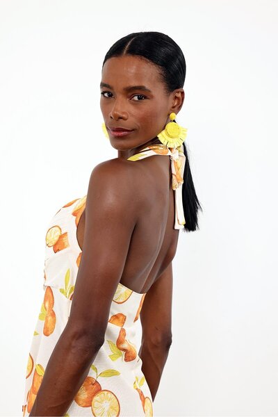 5in1Canpolat Bone Front Buttoned Orange Patterned Dress 0515