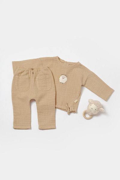 Magu Unisex Baby Cotton Muslin Two Piece Set - Lamb Embroidered Top and Pants with Pockets