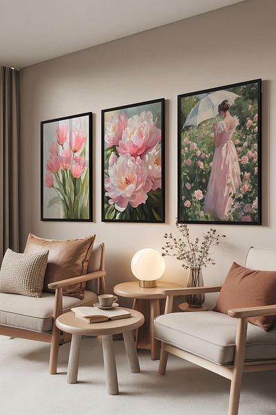 Postifull Black Painting Set, 3 Pieces Black Framed Poster Pinky Flower Model No:300894, Pink Wall Decor