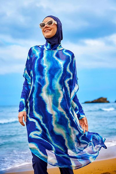 Marina Μπλε ναυτικό μοτίβο σιφόν κιμονό – Ελαφρύ και ολόσωμο Hijab Beach Pareo P2513-2