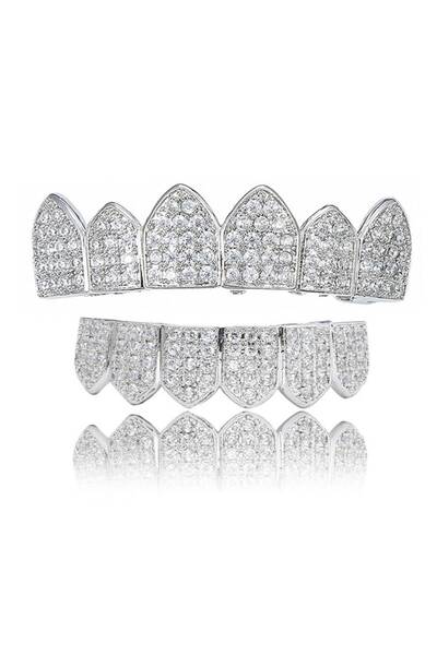 Tessero Set de două fațete dentare, superioară și inferioară, model Grillz Hip Hop, Iced Out, pietre de zirconiu, 18K go