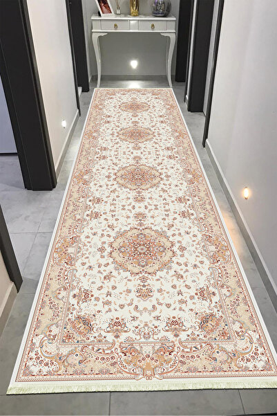 VOPTEKS Krem Halı Yolluk Makinede Yıkanabilir Kaymaz Taban Halı