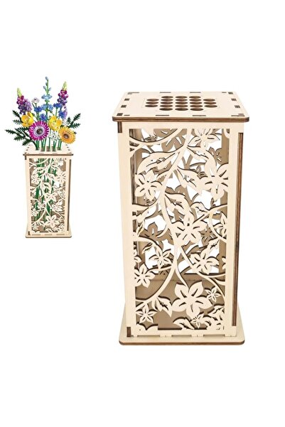 Generic Handmade Wooden Vase for Lego Flowers - Unique Display Stand with Artistic Hollow Carved Flower Pat