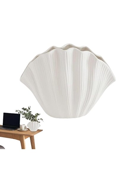Generic مزهرية صدفية بيضاء، مزهرية على شكل صدفة، مزهرية فنية من السيراميك، مز...