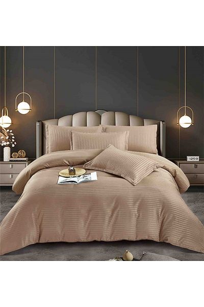 FIONNA.RO Satin Damask Bed Linen 6 Pieces - Cocoa Beige With Milk