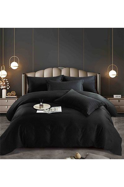 FIONNA.RO Satin Damask Bed Linen 6 Pieces - Black