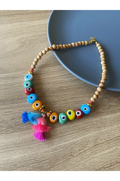 dela otantik Handmade Colorful Evil Eye Beaded Tassel Big Necklace – Ethnic Authentic Bohemian Bijoux Jewelry