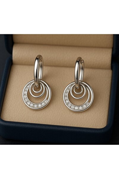 mira bujiteri İç İçe Geçişli Zirkon Taşlı Modern Tasarım - Gümüş Renk Kadın Küpe