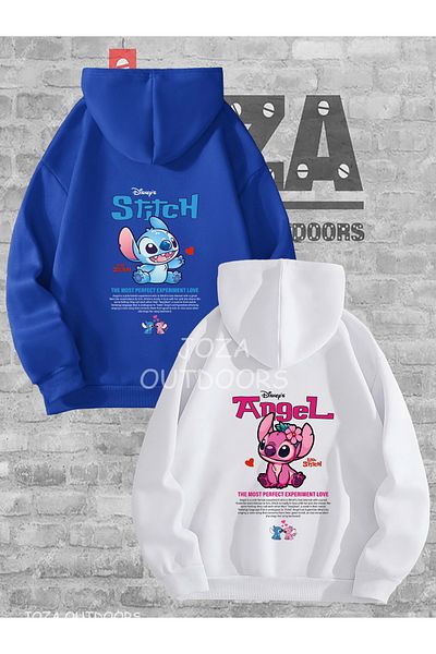 Jobia Outdoors Unisex New Lilo Stitch Angel Print Dear Couple Combination Design Hooded Sweatshirt Set of 2