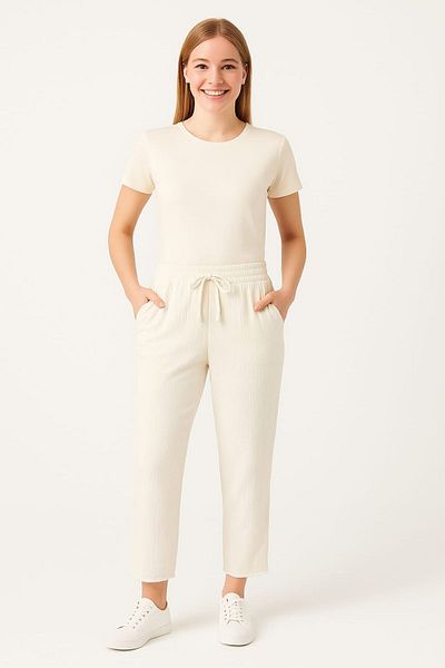 enmodaiçgiyim Ecru 100% Cotton Muslin Fabric Women's Trousers – Narrow Leg, Pockets, Comfortable Fit Casual Trousers