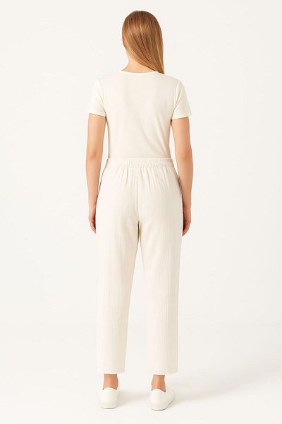 enmodaiçgiyim Ecru 100% Cotton Muslin Fabric Women's Trousers – Narrow Leg, Pockets, Comfortable Fit Casual Trousers