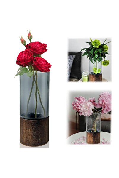 Generic مزهرية زجاجية خشبية سوداء من فن البوهيمي، مزهرية زهور زجاجية بارتفاع ...