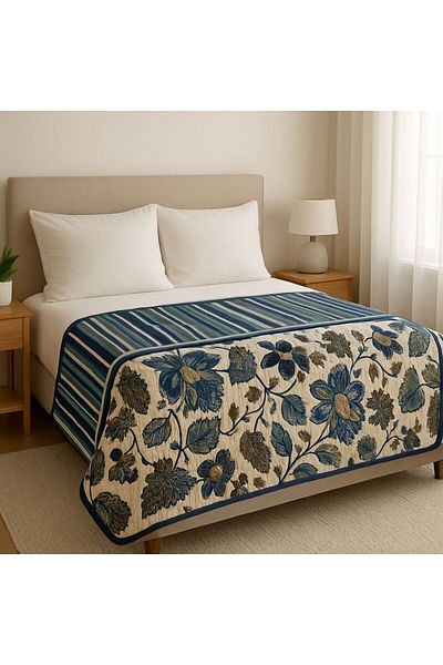 SAPPHIRE King Size Bedsheet Set–240×270 cm– Blue & Beige with Striped Pillowcases–3-Piece 100% Crystal Cotton